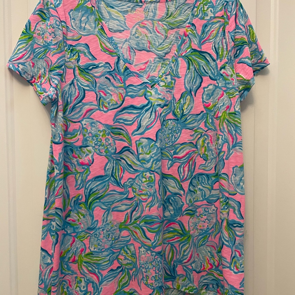 Lilly Pulitzer Blue and Pink Graphic Polo Tee